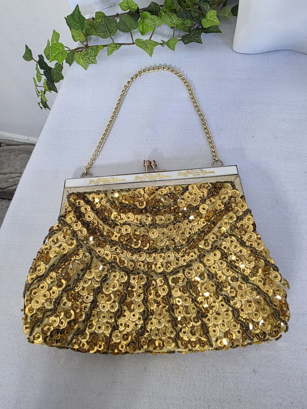 ​Vintage Gold Sequin Evening Bag | Ornate Floral Frame | Made in Hong Kong